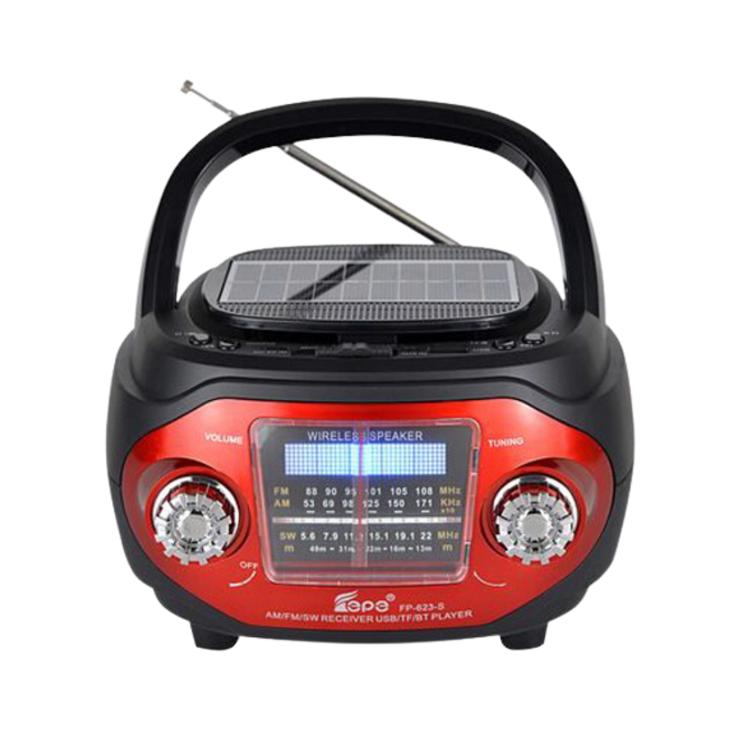 Farmacias Savia SoundMax portable radio model AA2024-0424 with tuning dial and speaker, compact electronic device for on-the-go listening.