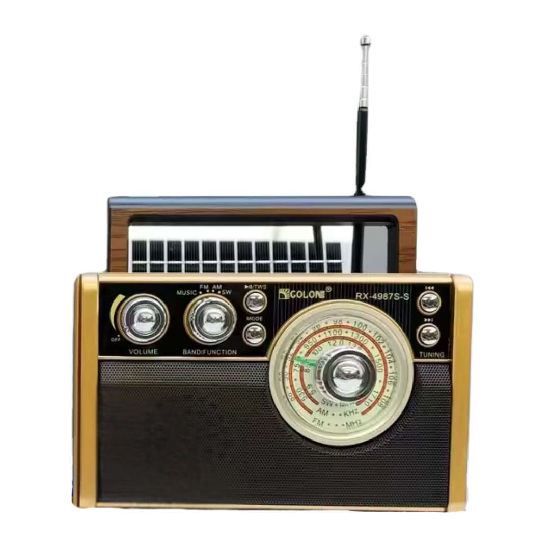 RetroWave portable radio AA2024-0434 from Farmacias Savia, featuring a vintage design with a speaker and control knobs.