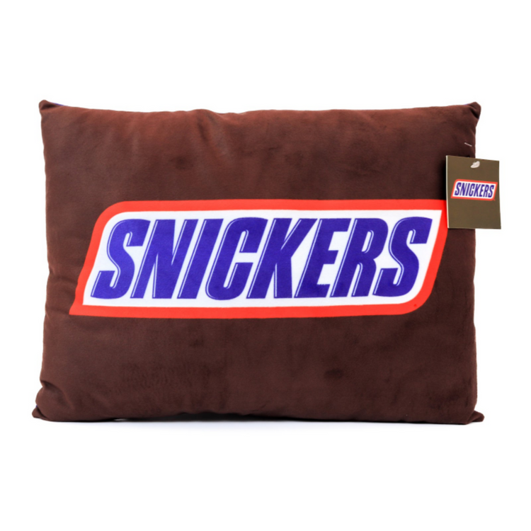 Rectangular Snickers pillow for pets with Snickers logo, soft fabric, and rectangular shape, perfect for pet comfort and decor.
