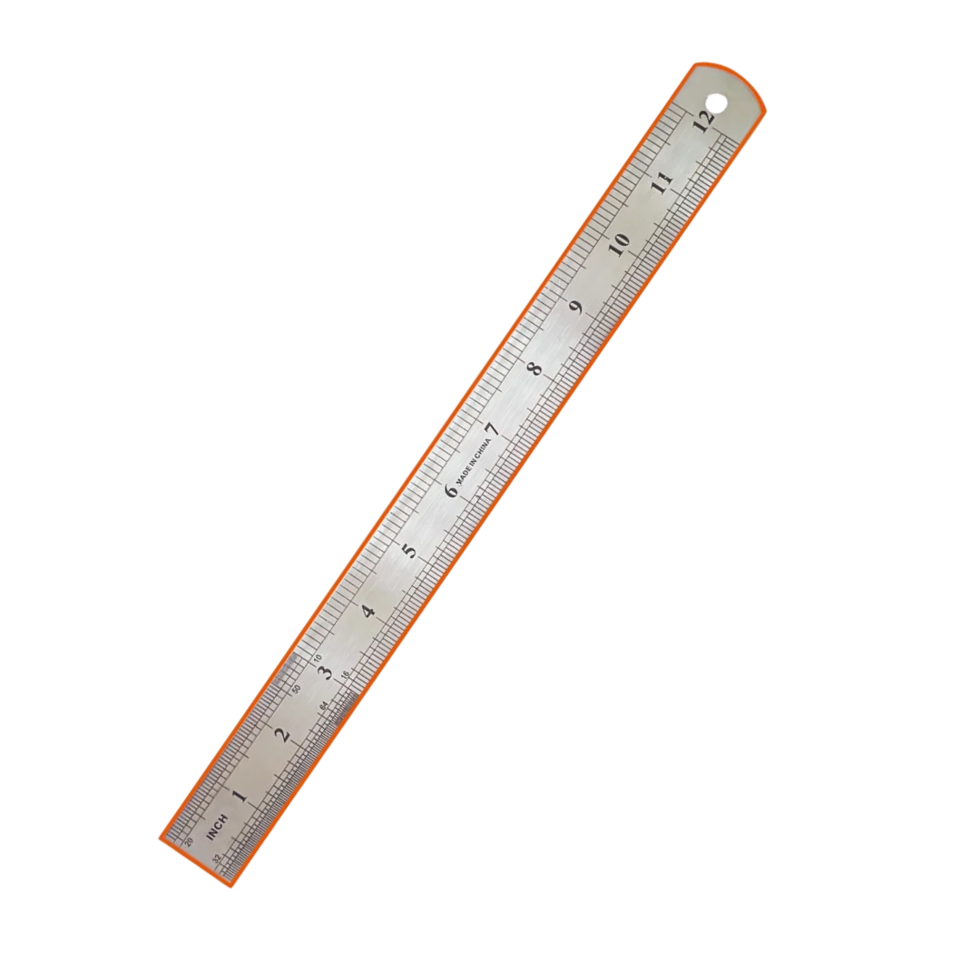 Metal 12-inch school ruler from Farmacias Savia, featuring clear measurement markings for educational use.