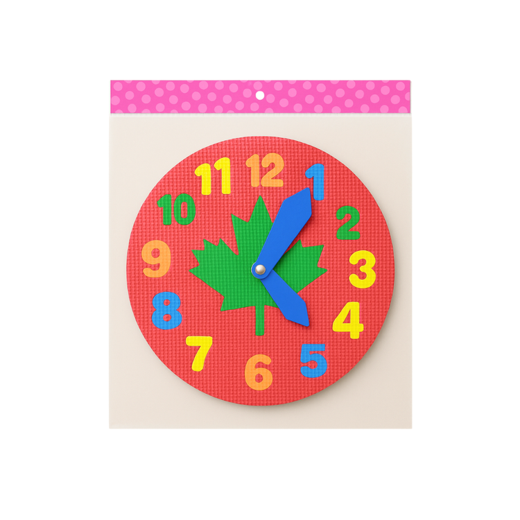 Foamy school clock with cartoon design, branded by Farmacias Savia, featuring colorful numbers and playful imagery.