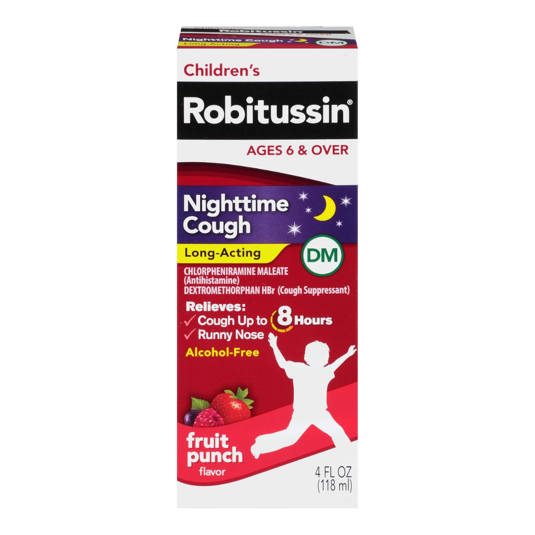 Robitussin Children’s Nighttime Cough Fruit Punch Syrup bottle, 4 oz, for kids, with colorful label and cap.