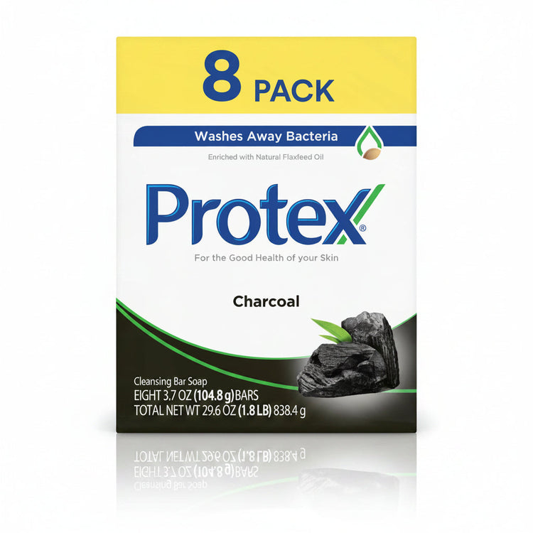 Farmacias Savia Protex Charcoal Bar Soap 8-pack with 3.7oz bars, showing black soap with textured surface and packaging.