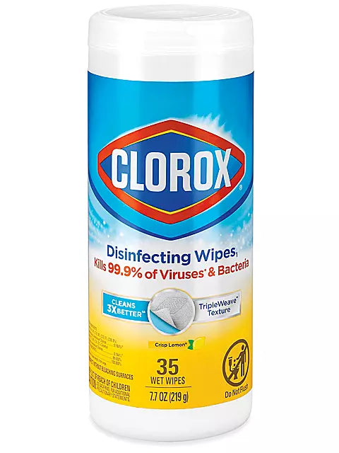 Disinfecting wipes in a plastic container, lemon scent, 35 count, by Clorox, shown with wipes partially pulled out.