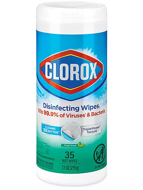 Clorox disinfecting wipes with fresh scent in a 35-count pack, shown in a resealable container.