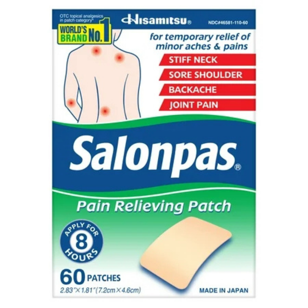 Farmacias Savia Salonpas Pain Relieving Patches, 60 count, OTC topical patches for pain relief displayed in the image.