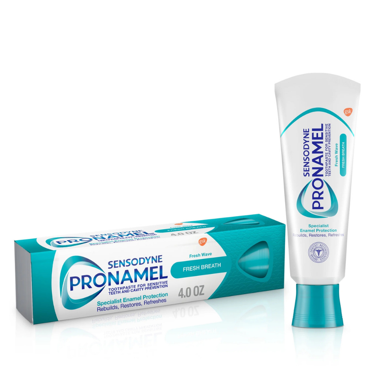Sensodyne Pronamel toothpaste in 4 oz tube, designed for sensitive teeth, with protective oral care branding.