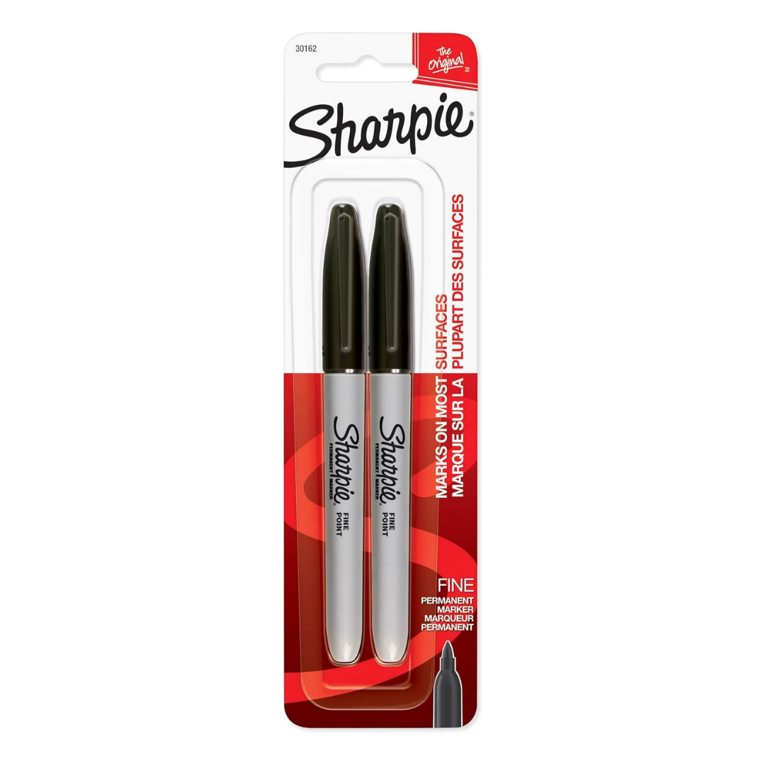 Sharpie fine point permanent markers in a 2-pack, ideal for school and office use, featuring bold black ink from Farmacias Savia.