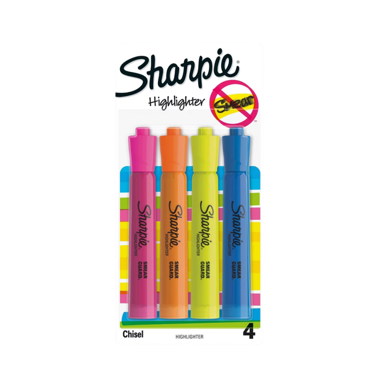 Assorted color Sharpie highlighters in a 4-pack for school and office use, with bright yellow, pink, green, and blue ink.