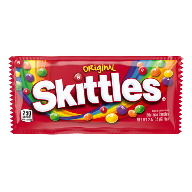 Colorful Skittles Original candy bag from Farmacias Savia, featuring rainbow-colored fruit-flavored chewy candies.