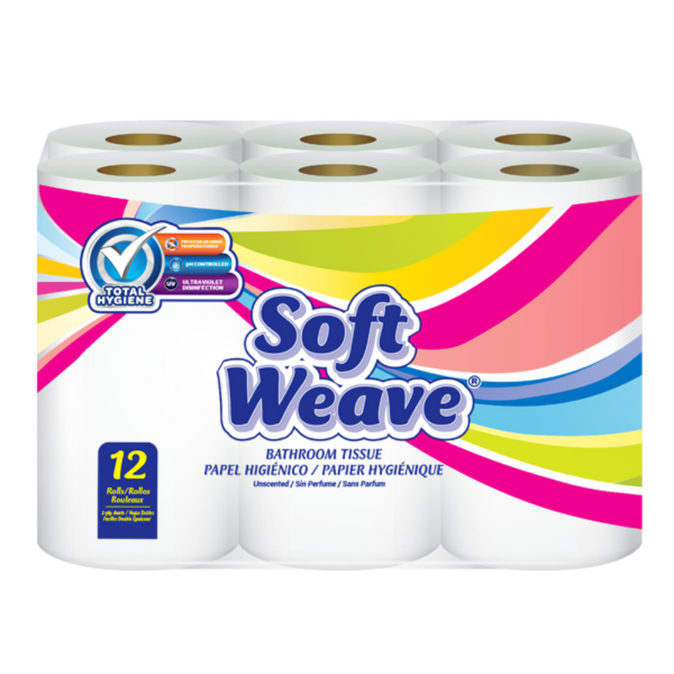 Soft Weave Bath Tissue from Farmacias Savia, 12-roll pack, showing plush white bathroom tissue with soft texture and perforations.