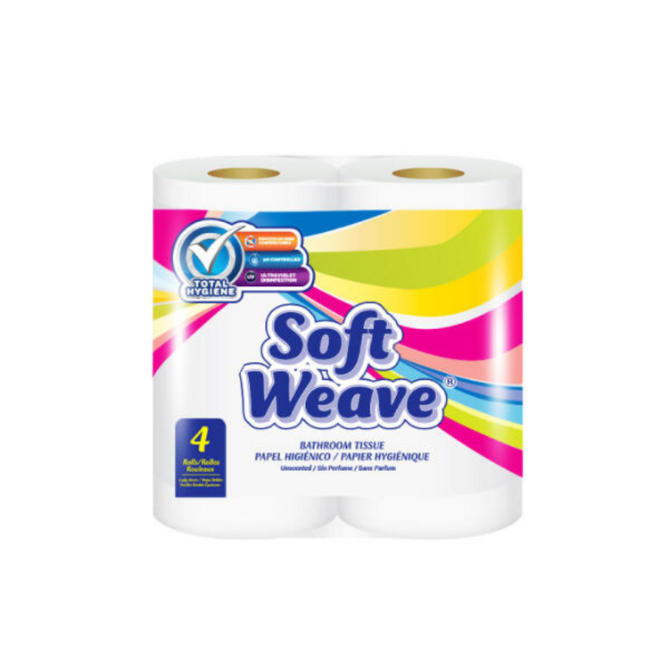 Soft Weave Bath Tissue by Farmacias Savia, 4-roll pack, showing white, soft, textured bathroom tissue rolls for household use.
