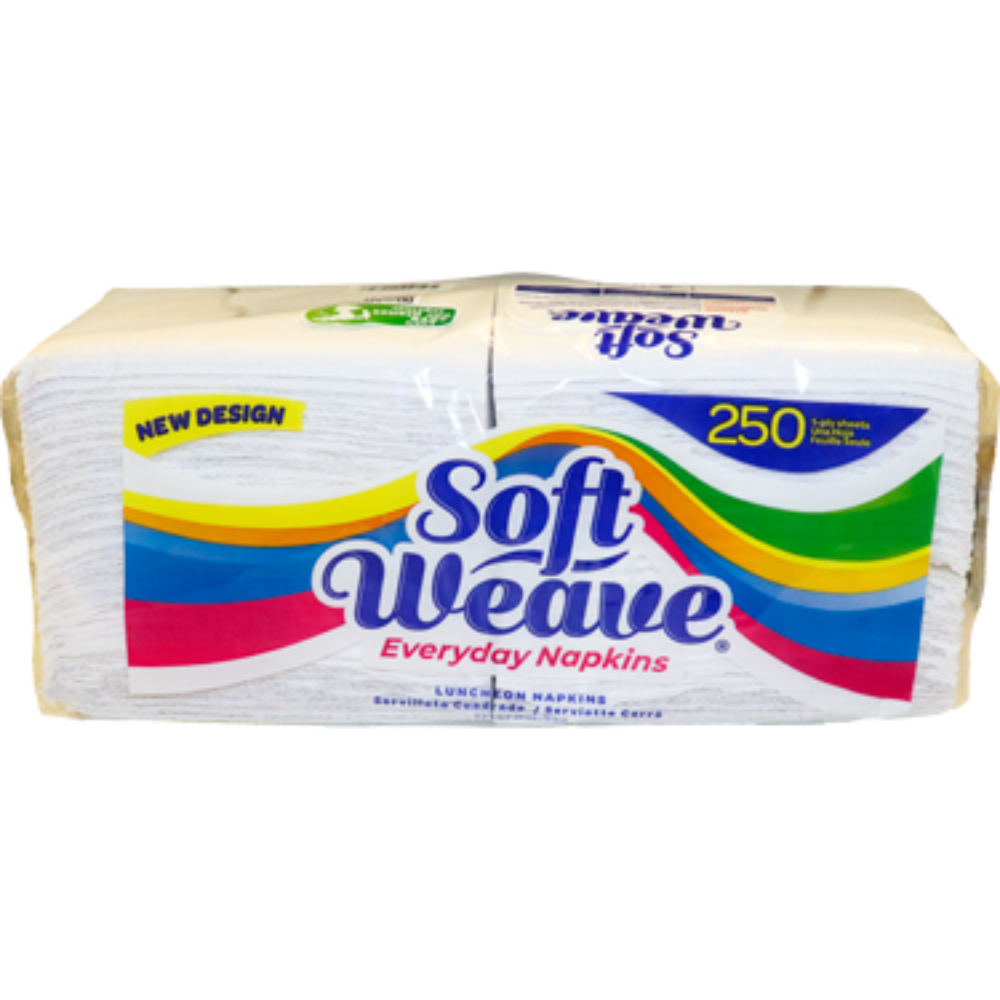 Soft Weave Napkins from Farmacias Savia, 250 count, showing folded beige paper napkins with soft woven texture.