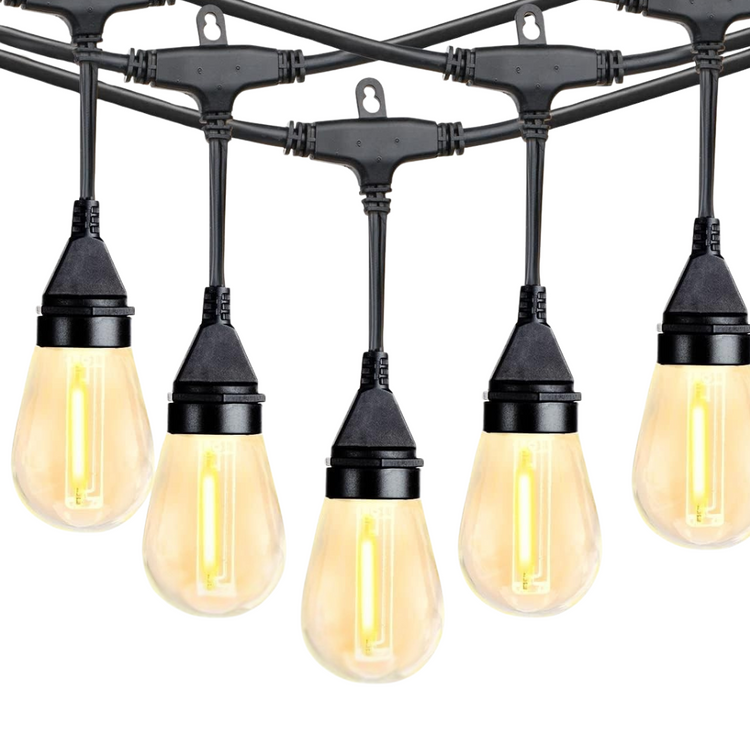 Warm white solar LED string lights outdoor patio lighting from Farmacias Savia, ideal for garden and deck decoration.