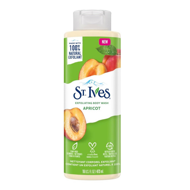 St. Ives Apricot Exfoliating Body Wash in 16 oz bottle, featuring apricot extract and natural skin care ingredients.