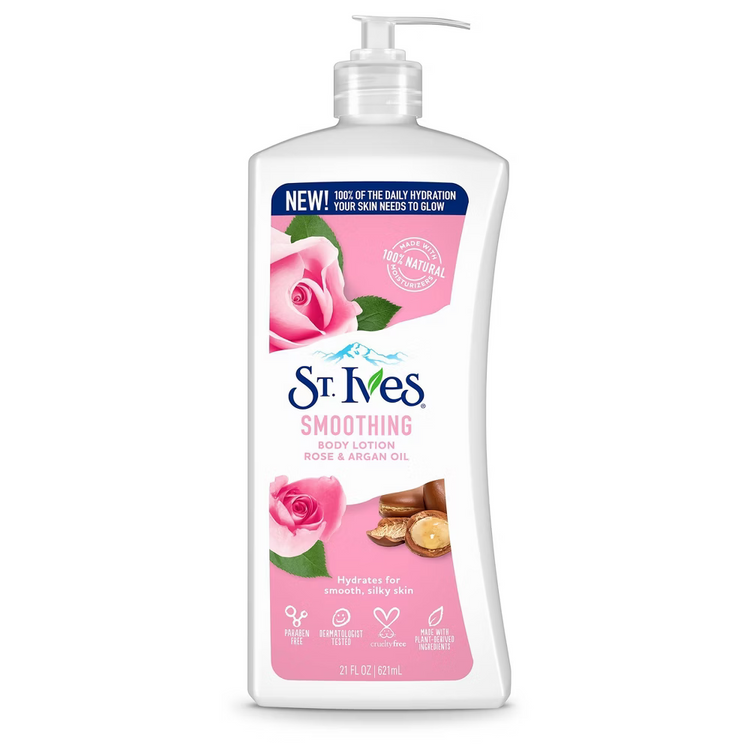 St. Ives Smoothing Body Lotion with Rose and Argan Oil, 21 oz, moisturizing skincare product for smooth, nourished skin