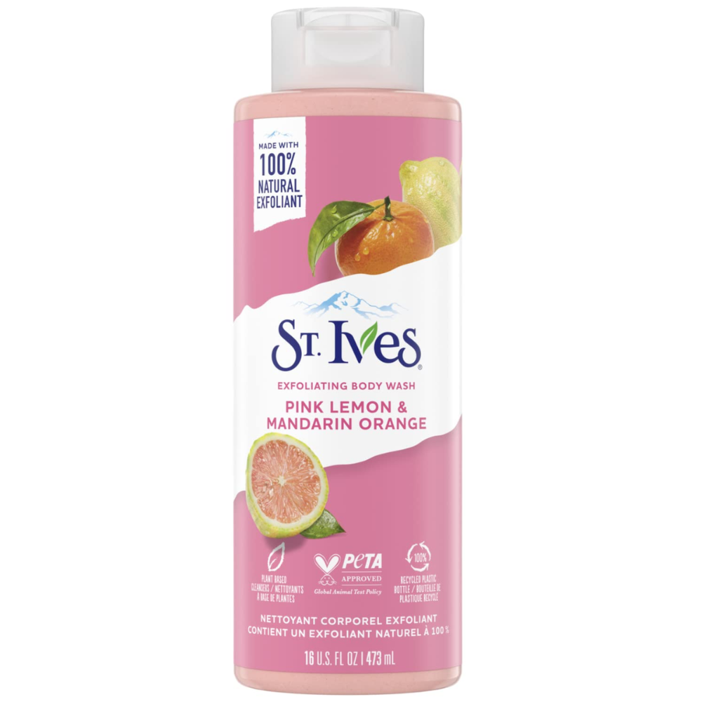St. Ives Pink Lemon & Mandarin Orange exfoliating body wash in a 22 oz bottle, featuring pink lemon and mandarin orange for skincare.