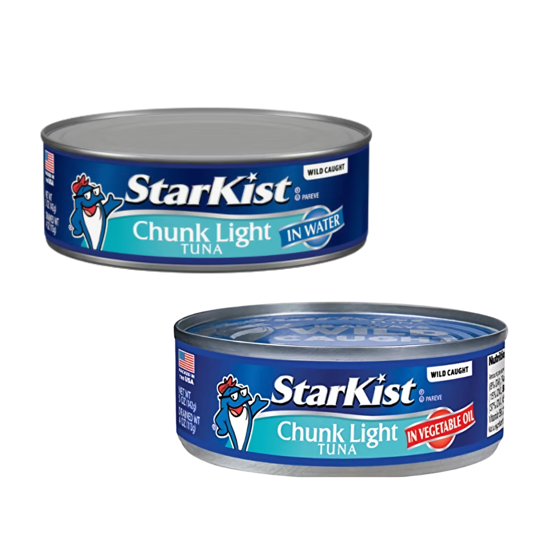 Canned Starkist light tuna in water or oil, 5 oz, with product label showing on a plain background