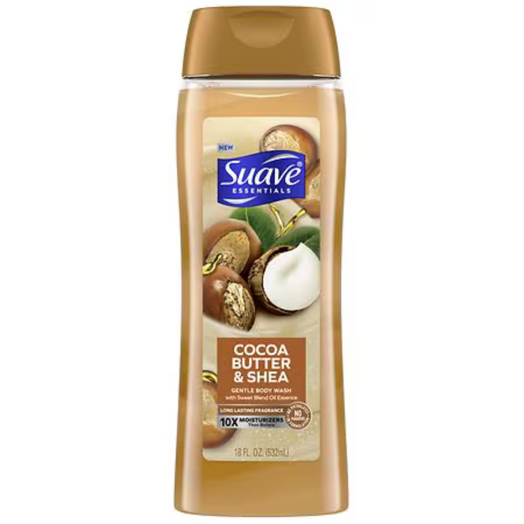 Suave Cocoa Butter & Shea Body Wash in 18 oz bottle, moisturizing skin care product with rich cocoa and shea butter.