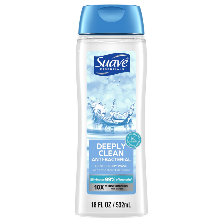 Suave Deeply Clean Body Wash in 18 oz bottle, designed for effective cleansing and refreshed skin care.