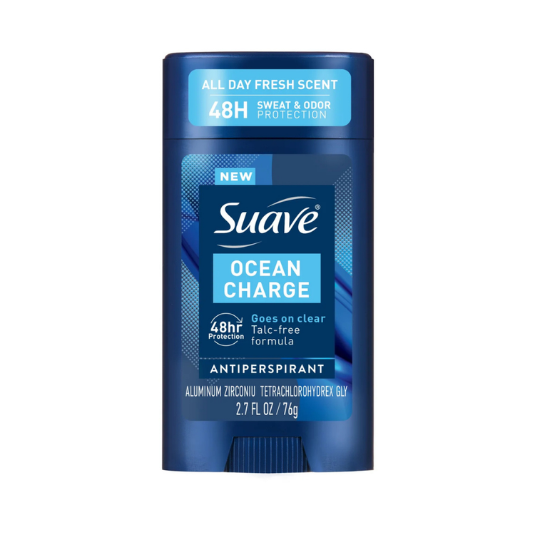 Suave Men Ocean Charge antiperspirant deodorant spray in 2.7 oz bottle, featuring fresh ocean-inspired scent and effective odor protection.