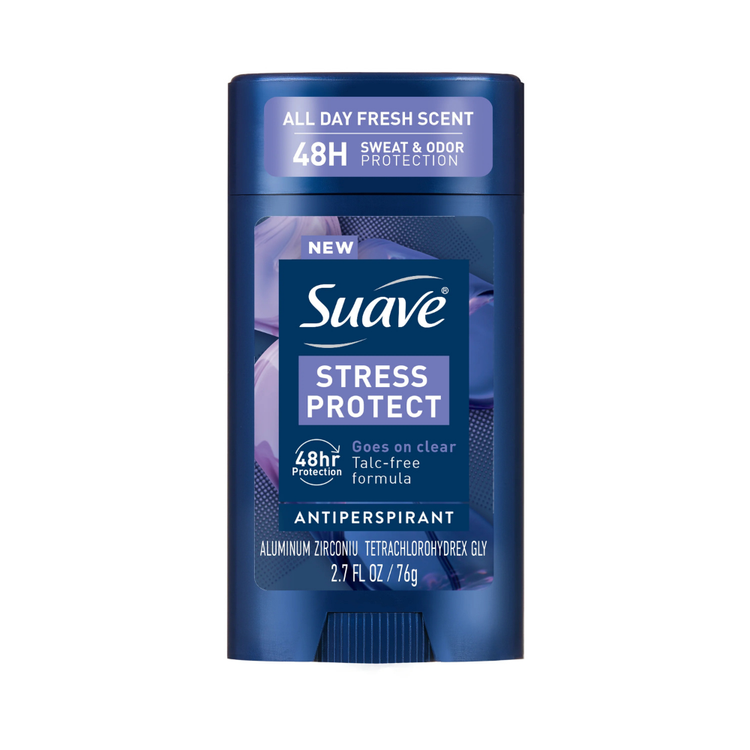 Suave Men Stress Protect antiperspirant deodorant spray in 2.7 oz bottle, designed for odor and sweat protection.