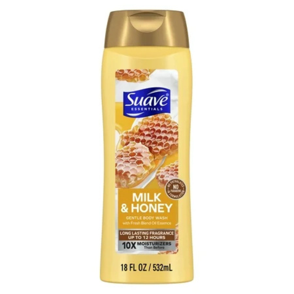 Suave Milk & Honey Body Wash in 18 oz bottle, moisturizing skin care product with a creamy milk and honey formula.
