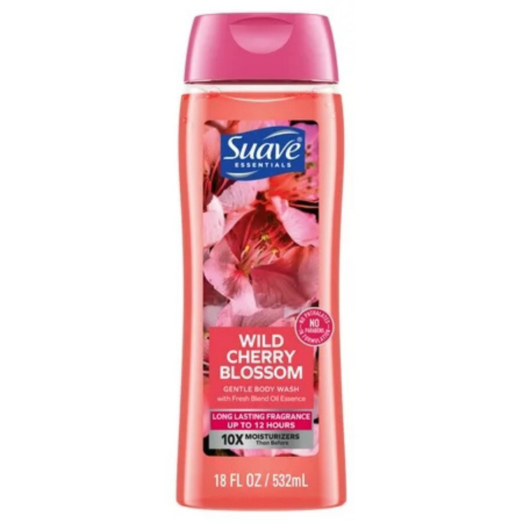 Suave Wild Cherry Blossom Body Wash in 18 oz bottle, moisturizing skin care product with floral cherry blossom scent.