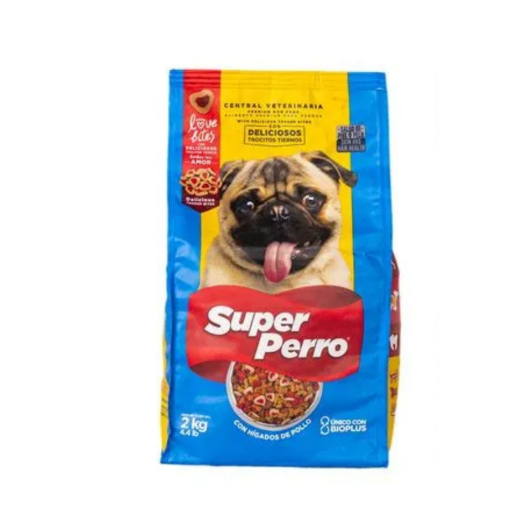 Super Perro Adult Love Bites dog food by Farmacias Savia in 4.4 lb package, showing the tasty dog snack product.