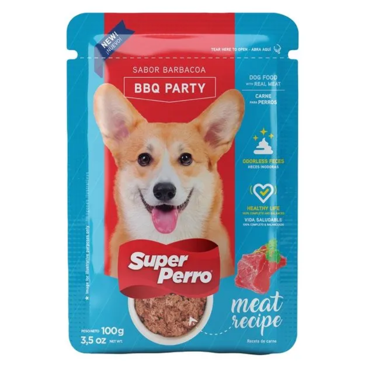 Super Perro BBQ Party wet dog food pouch by Farmacias Savia, 3.52 oz, featuring savory BBQ flavor for dogs.