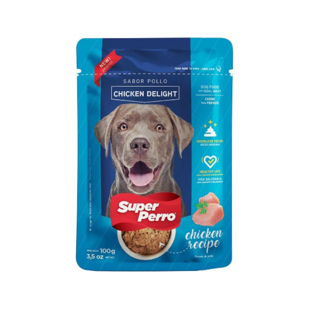 Super Perro Chicken Delight wet dog food pouch from Farmacias Savia, 3.52 oz, featuring tender chicken in nutritious dog food packaging.