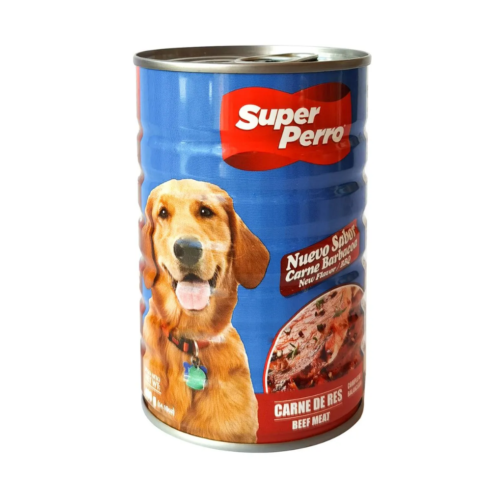 Can of Super Perro Beef Meat Adult Wet Dog Food by Farmacias Savia, 14.11 oz, showing beef meat and dog food label.