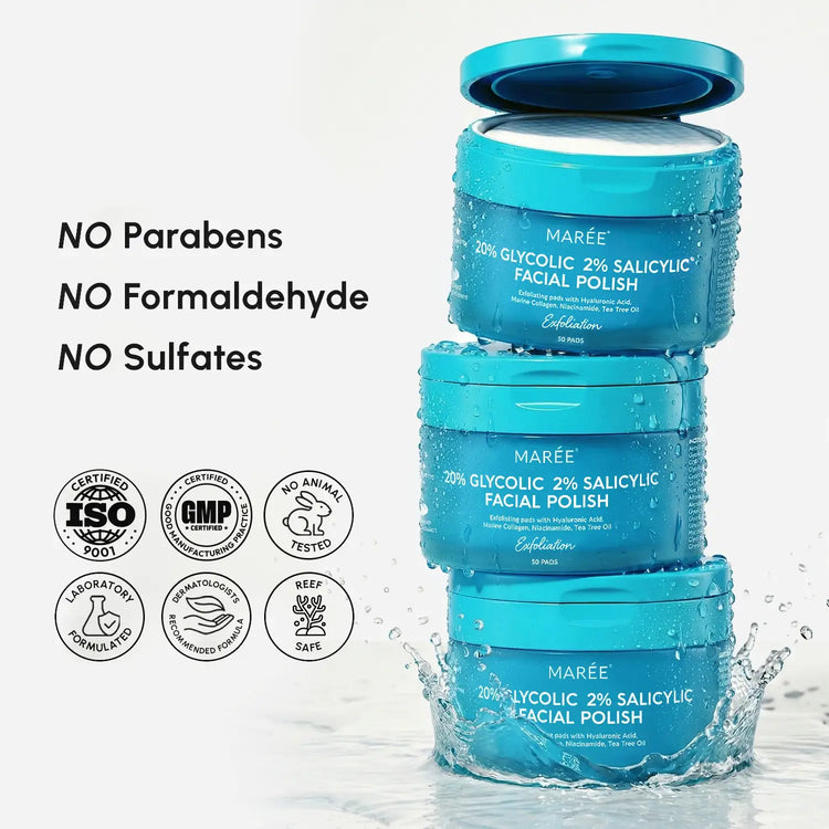 Maree glycolic and salicylic acid peel pads for smooth, clear skin, displayed in a container with 10 pads on a white background.
