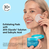 Maree glycolic and salicylic acid peel pads for smooth, clear skin, showing the product in a sleek container with pads inside.