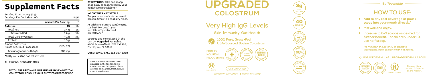 Upgraded Formulas® upgraded colostrum supplement in a bottle, featuring capsules designed for immune health support.