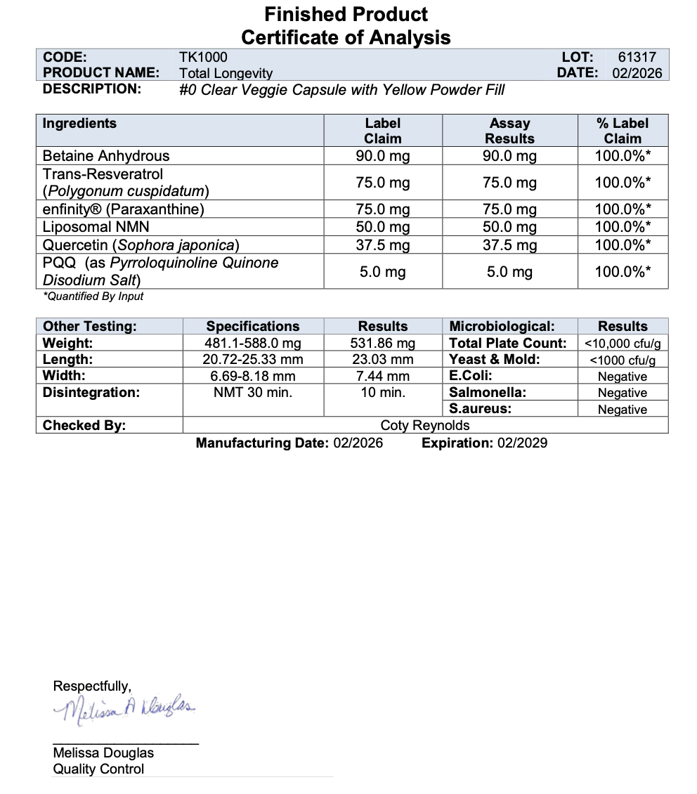 Screenshot of Upgraded Formulas Total Longevity Upgrade supplement packaging, featuring product details and branding.