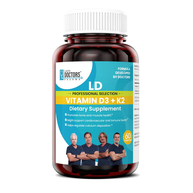 Latin Doctor VITAMIN D3+K2 supplement bottle by Farmacias Savia with 60 capsules, featuring the product label and branding.