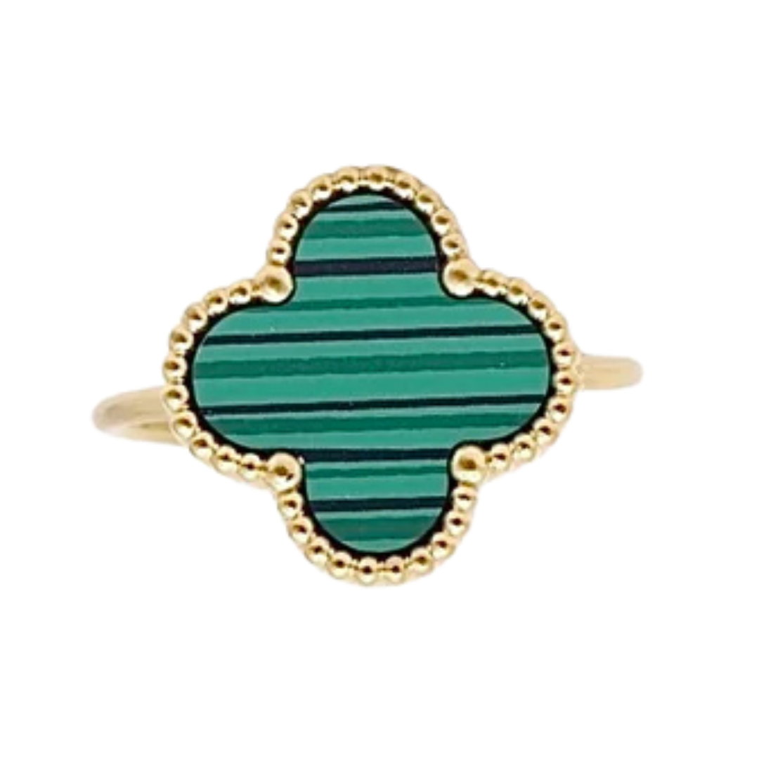 Gold Camila Clover Ring with Malachite stone, elegant jewelry piece featuring a clover design and vibrant green gemstone.