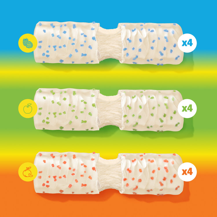 Assorted BUILT Sour Puff variety box with colorful, stacked sour puff candies in various flavors on a white background.