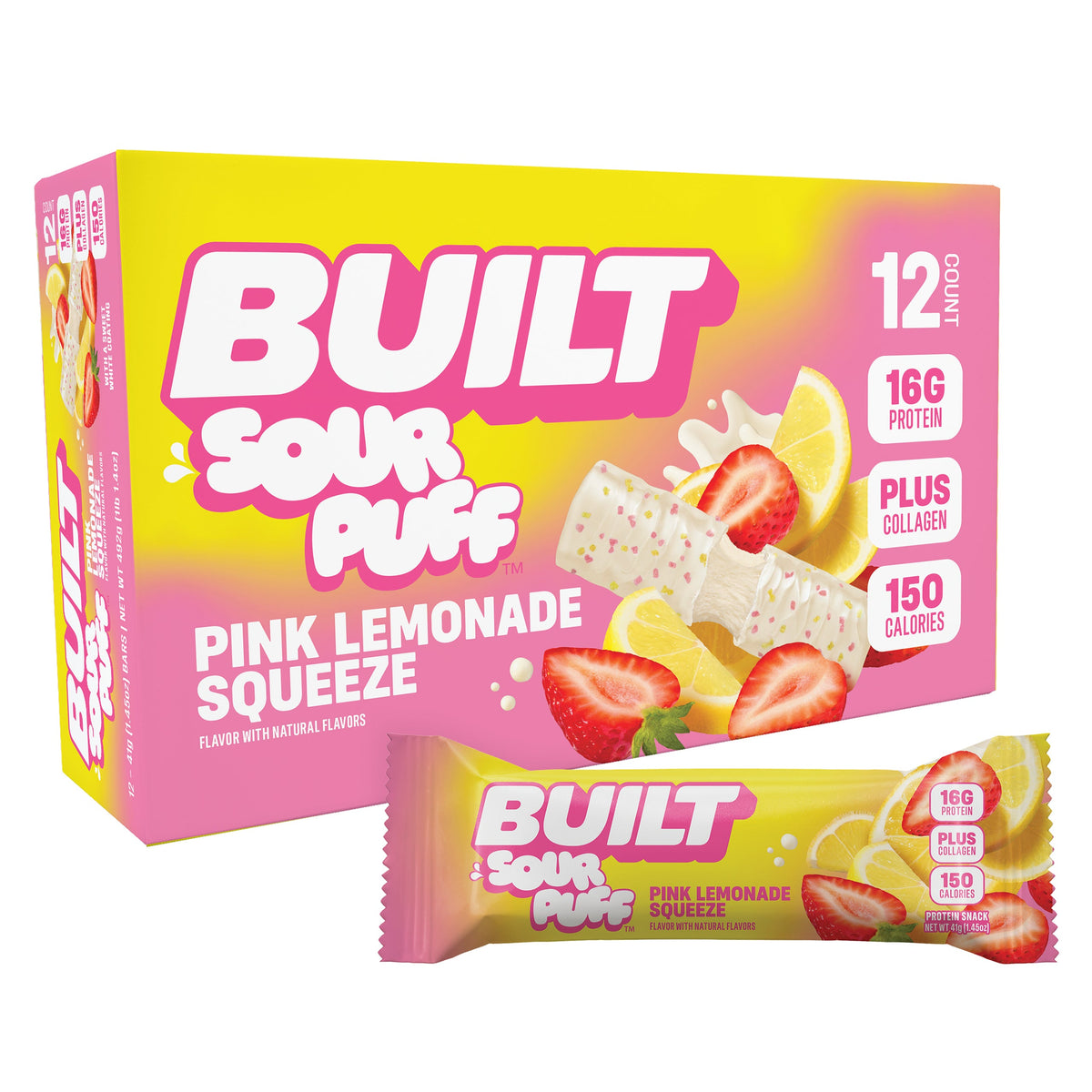 Stack of 12 BUILT Pink Lemonade Sour Puffs in a carton, showing the colorful sour candy puffs from an angled view.