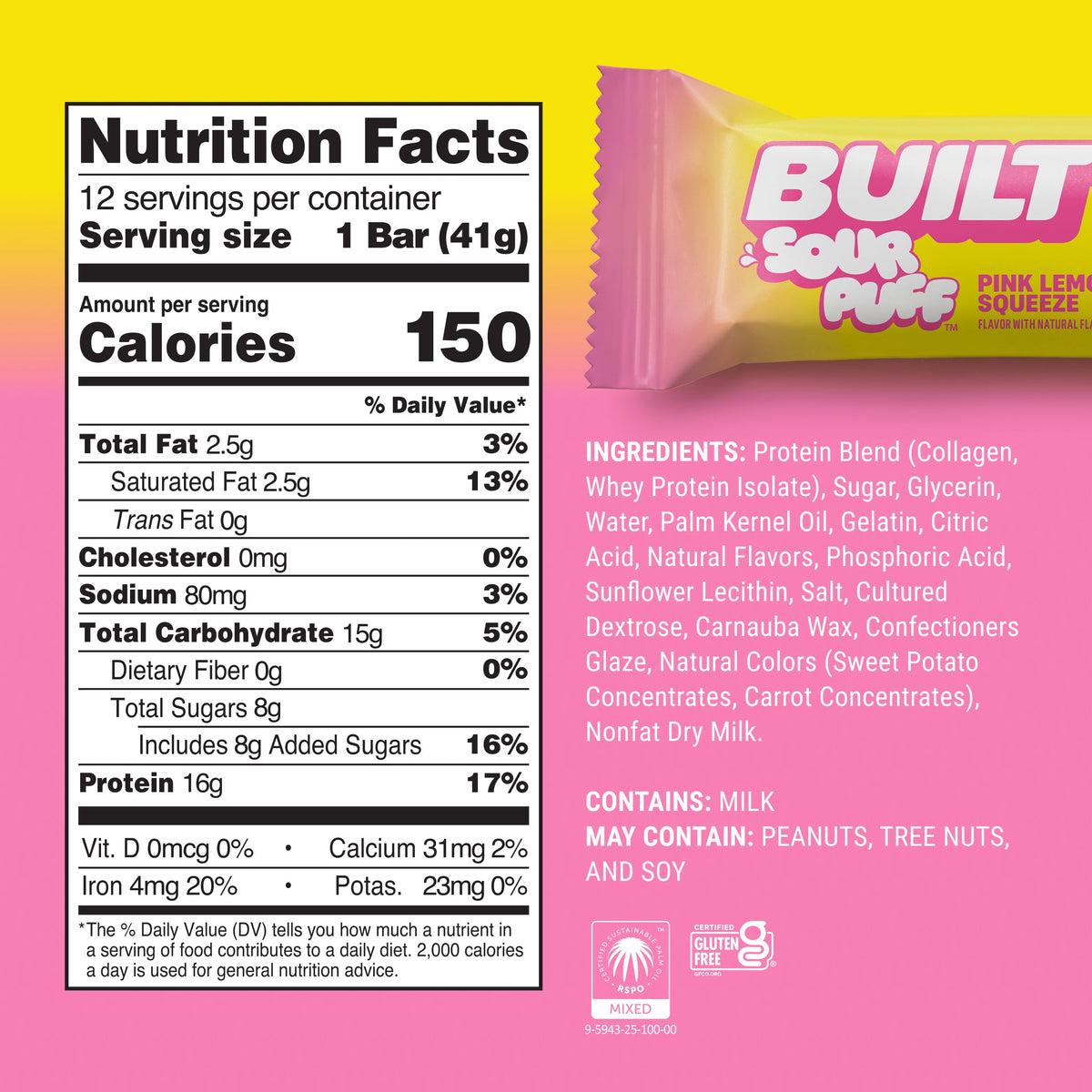 Built Pink Lemonade Sour Puff stack featuring vibrant pink lemonade-flavored sour candies in a 12-count package.
