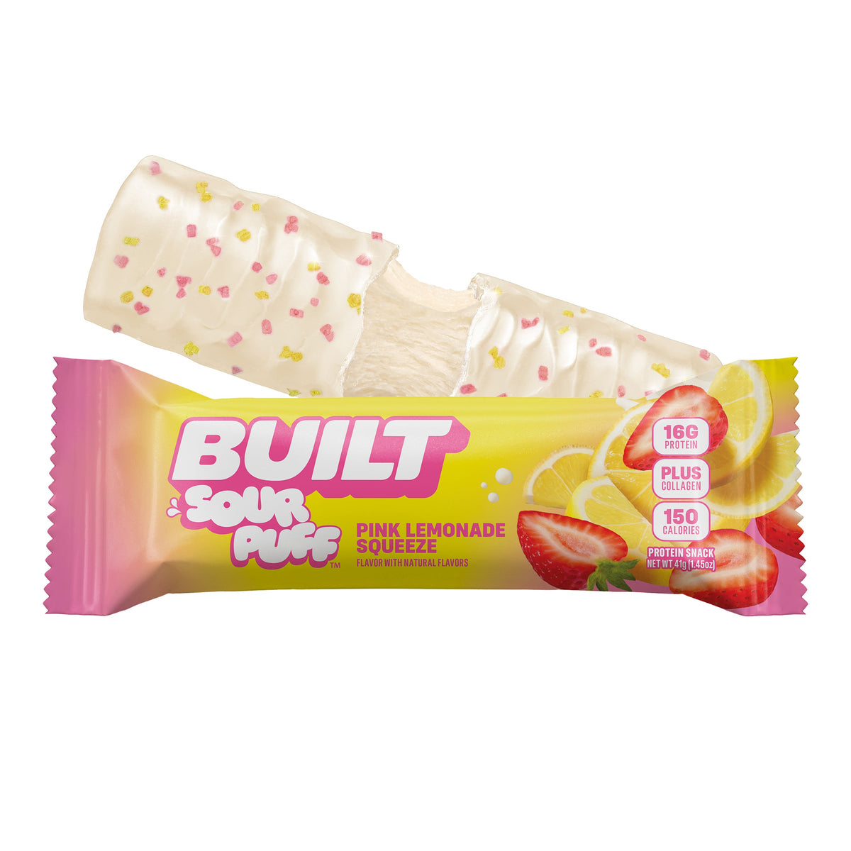 Pink Lemonade Squeeze sour puff from BUILT, stacked with pink and yellow colors, showing a chewy, fluffy snack with vibrant packaging.