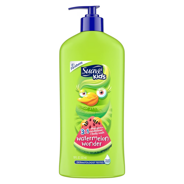 Suave Kids 3-in-1 Watermelon Wonder shampoo, conditioner, and body wash bottle for children with colorful watermelon design