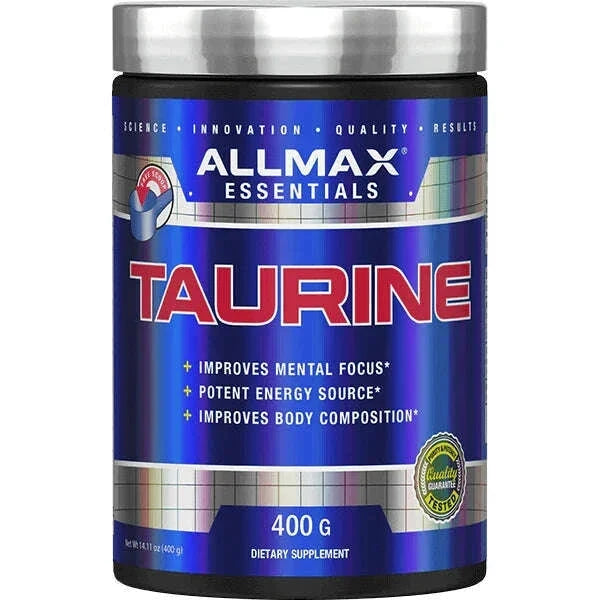 Allmax Taurine 400g container, BCAA amino acids supplement for sports and fitness, displayed in a clear label-focused image.