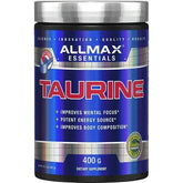 Allmax Taurine 400g container, BCAA amino acids supplement for sports and fitness, displayed in a clear label-focused image.