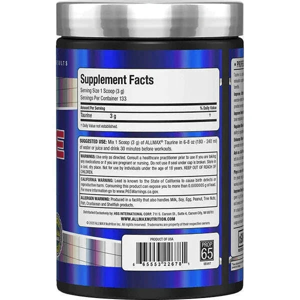 Allmax Taurine 400g container, amino acids supplement with BCAA, shown in a clear image featuring the product label and packaging