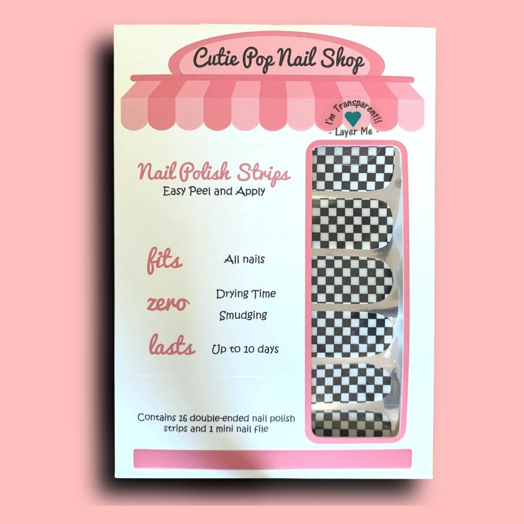 Checkered nail strips from Cutie Pop Nail Shop with black and white checkered pattern on a nail strip.