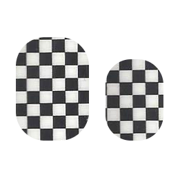 Checkered Cutie Pop Nail Shop nail strips on natural nails, featuring a bold black and white checkered pattern.