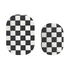 Checkered Cutie Pop Nail Shop nail strips on natural nails, featuring a bold black and white checkered pattern.