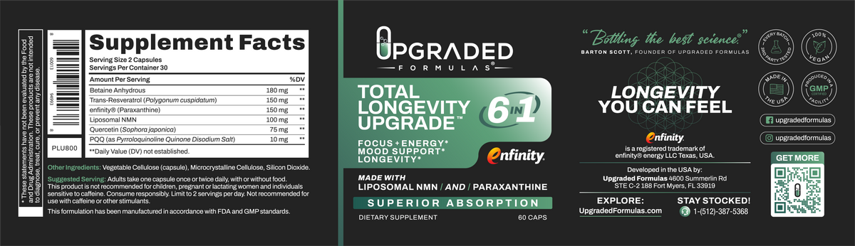 Upgraded Formulas® Total Longevity Upgrade supplement bottle with 60 capsules, featuring a sleek label design.